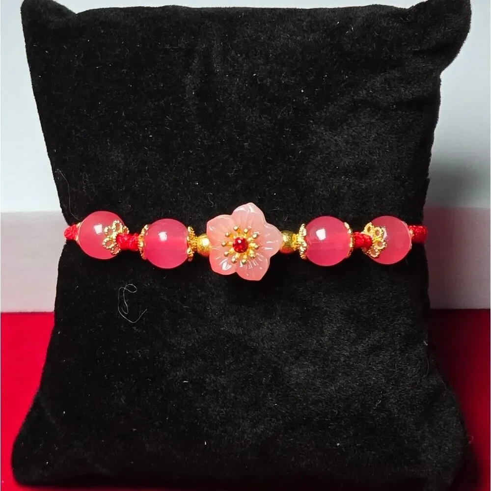 Lucky Red String Flower Bracelet Pink Beaded Adjustable Friendship Gift Feminine